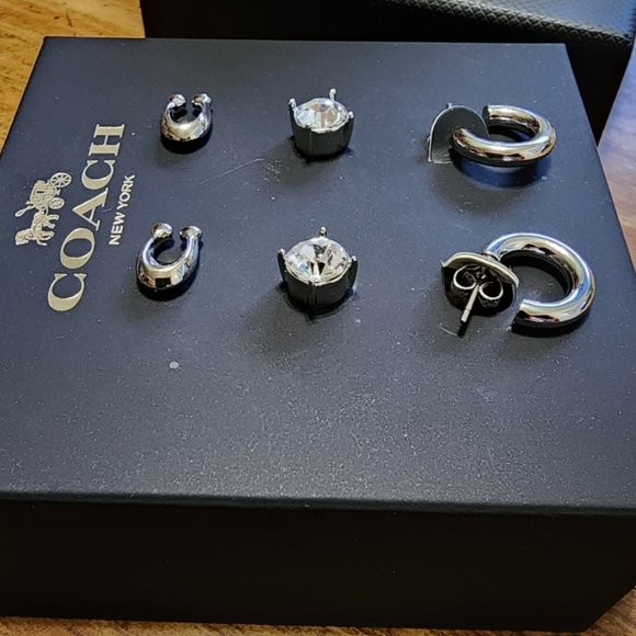 New Coach Silver Stud Earring Set - 3 different earrings - Signature, CZ & Hoop - Picture 3 of 5